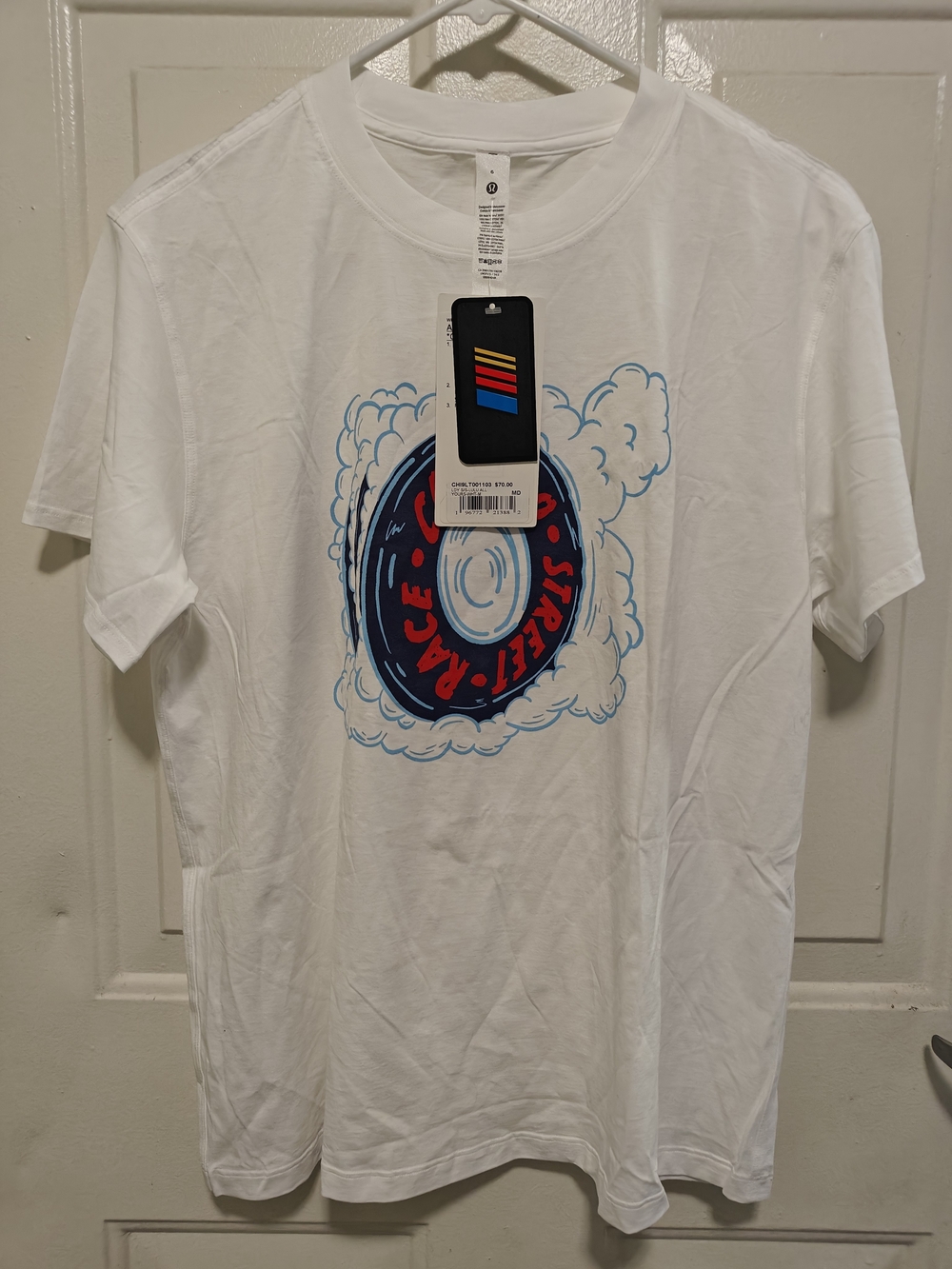 lululemon White Tee with Blue & Red Tire Graphic